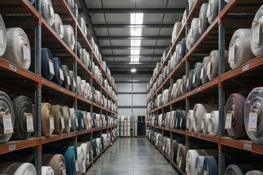 Fabric rolls stacked in warehouse